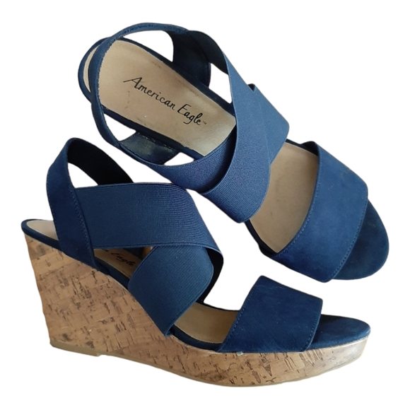 American Eagle Wedge Sandals Strappy Blue Women's Size 10